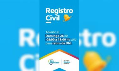 El Registro Civil de San Francisco abrirá este domingo para entregar DNI pendientes