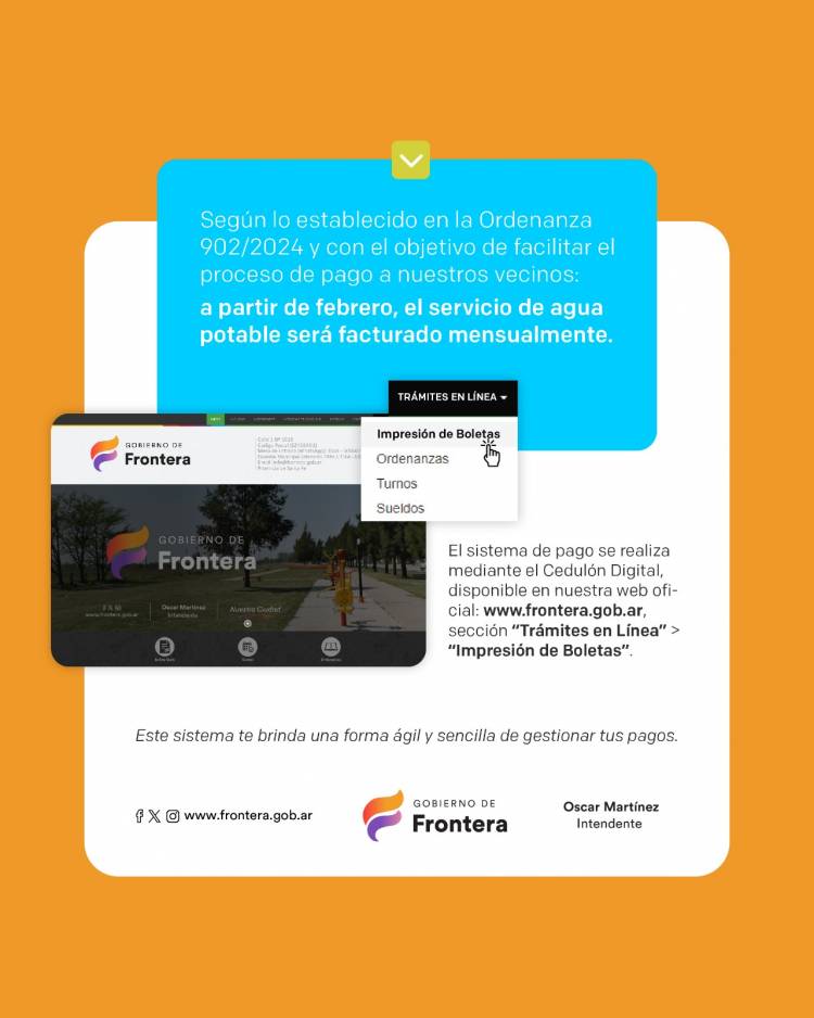 La Municipalidad de Frontera informa sobre la nueva modalidad de cobro del servicio de agua.